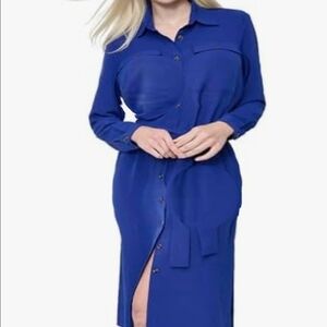 New DKNY Womens Cobalt Blue Long Sleeve Collared Midi Shirt Dress Size 12